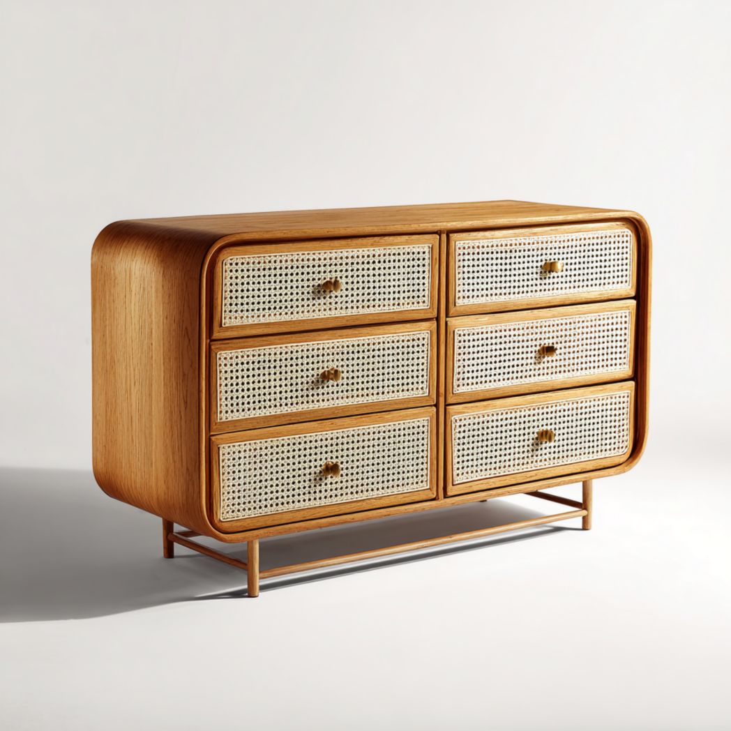 Commode 6 tiroirs | cadre en bois et façades en rotin | caisson arrondi | base métallique droite