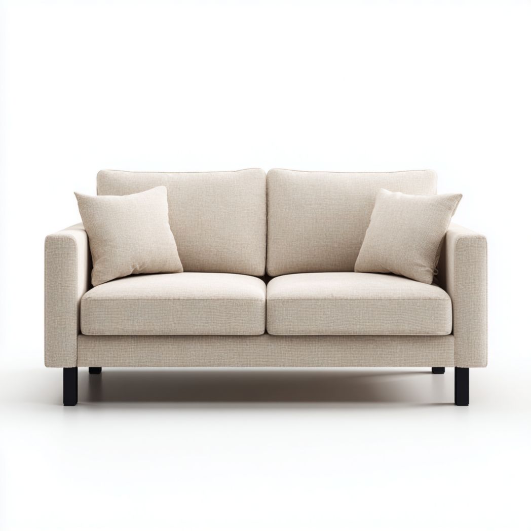 Canapé droit en tissu beige, deux places, pieds noirs, avec deux coussins