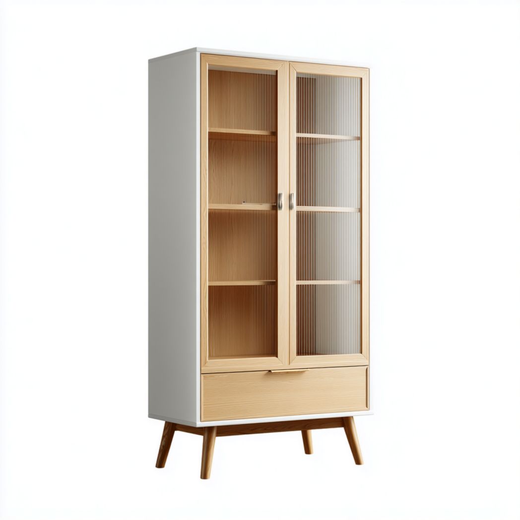 Vitrine blanche et bois naturel avec deux portes vitrées