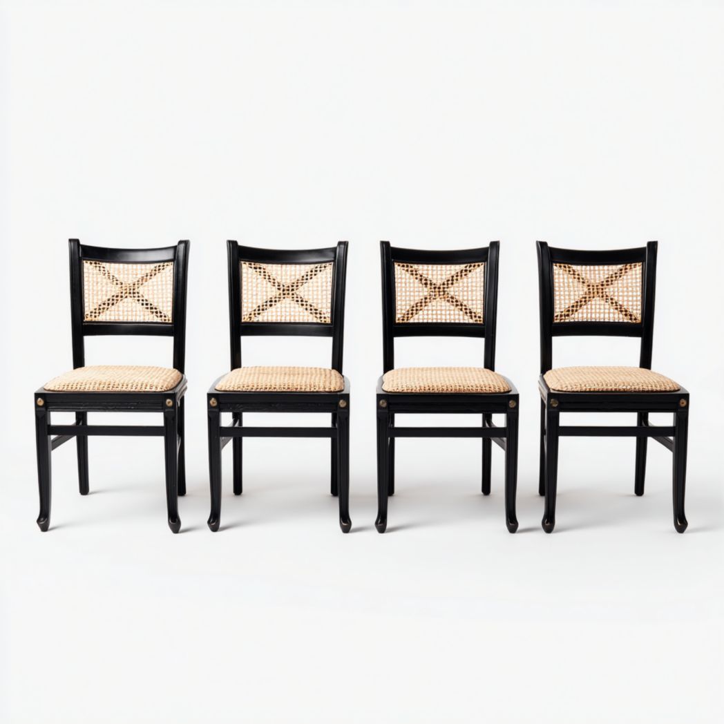 Lot de 4 chaises de salle à manger en bois noir avec assise et dossier en rotin