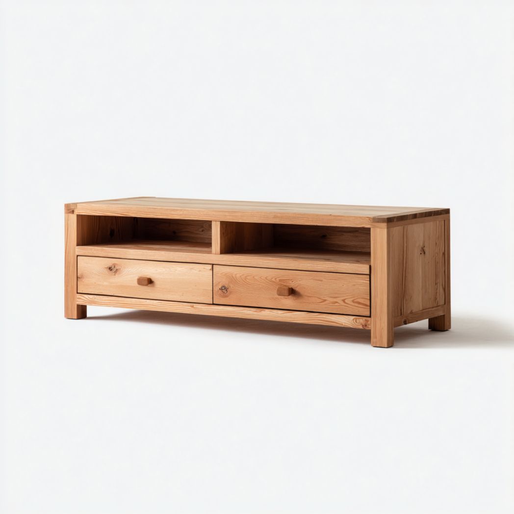 Meuble TV en bois massif naturel avec deux tiroirs