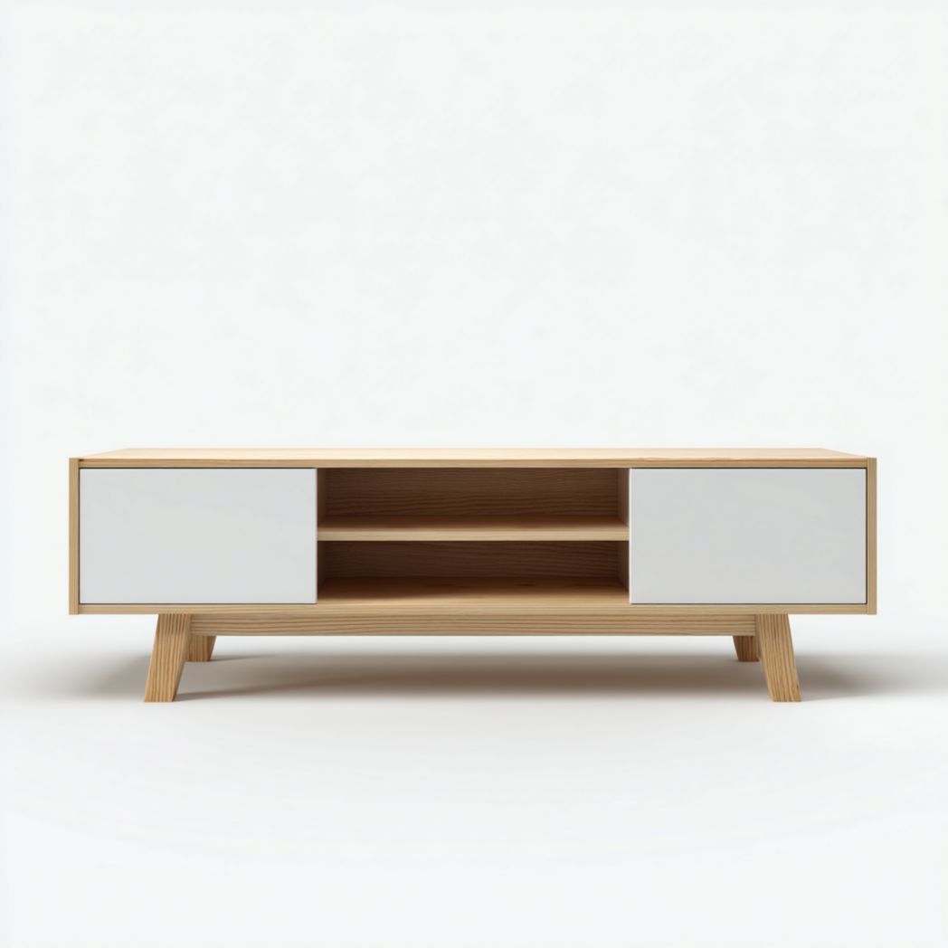 Meuble TV en bois naturel et blanc à deux portes