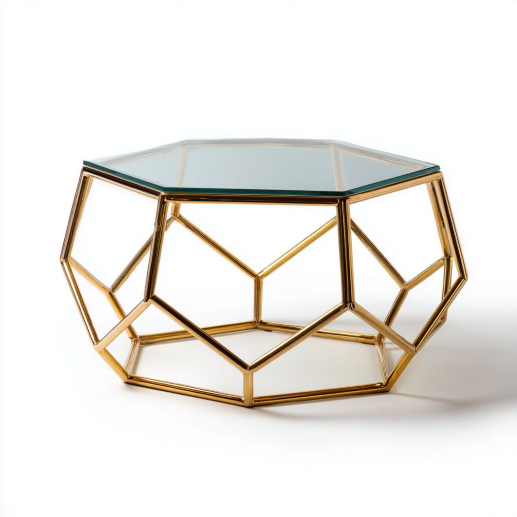 Table basse hexagonale en verre avec structure géométrique en métal doré
