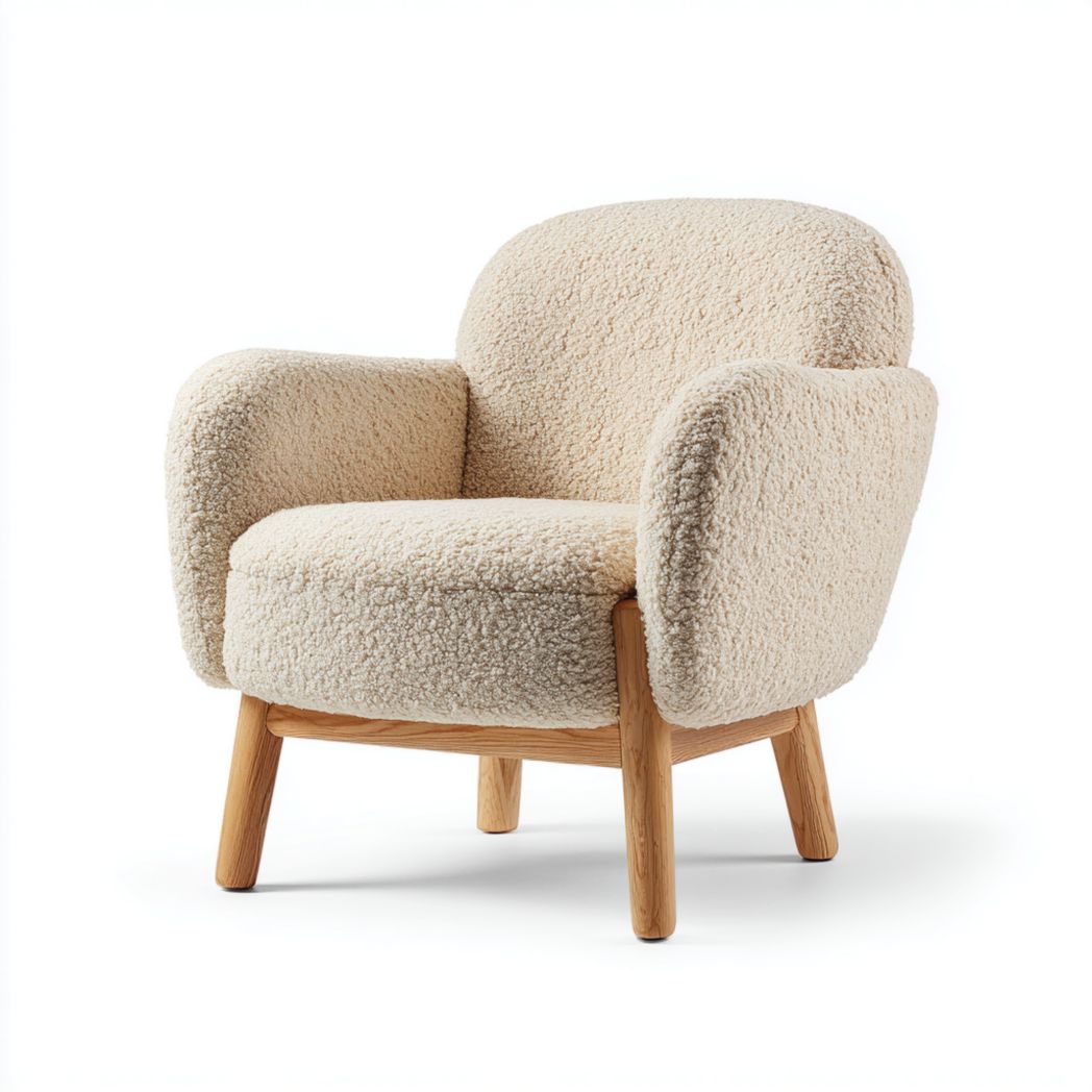 Fauteuil en tissu bouclette écru avec pieds en bois massif
