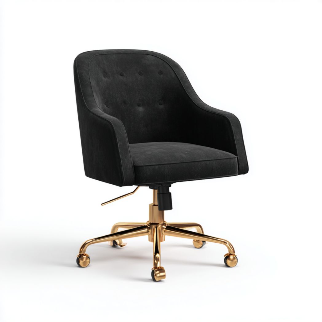 Chaise de bureau pivotante en velours noir avec base métallique dorée