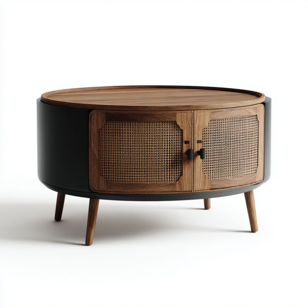 Table basse ronde avec plateau en bois, portes en rotin et structure noire
