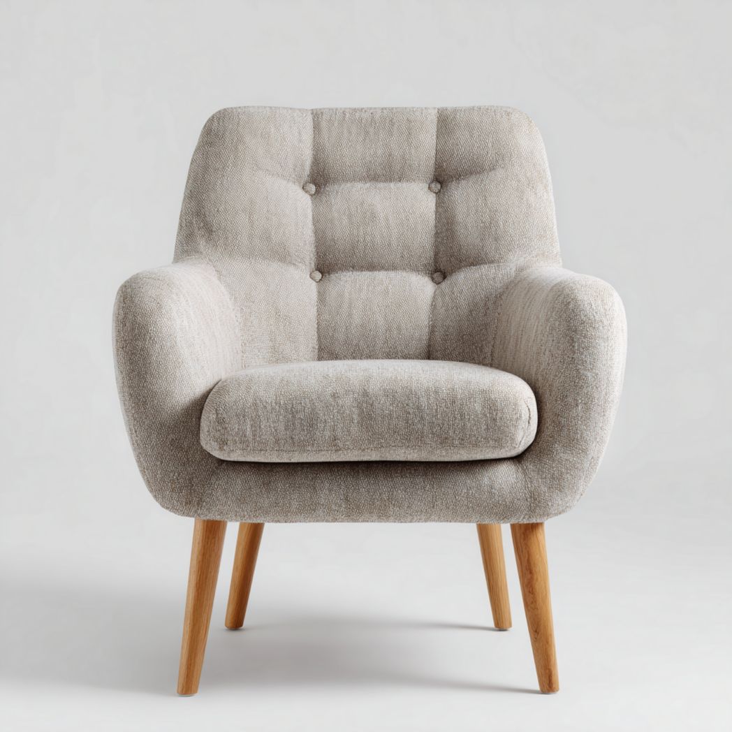 Fauteuil en tissu beige clair à dossier capitonné avec pieds en chêne