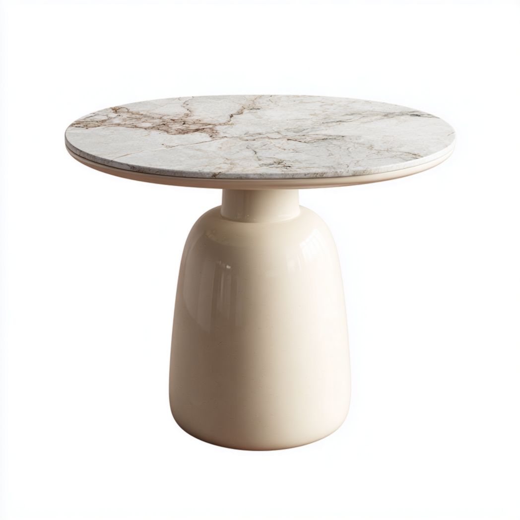 Table d’appoint ronde avec plateau en marbre veiné et base beige