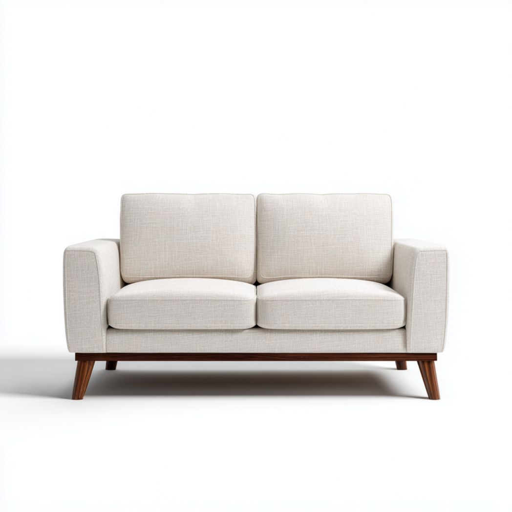 Canapé droit en tissu beige, deux places, pieds en bois, sans coussins