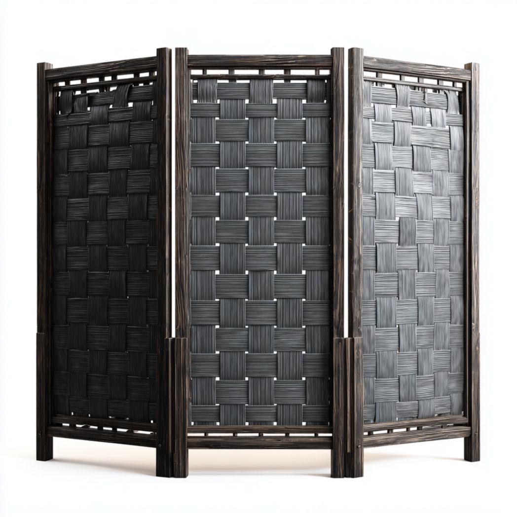 Paravent 3 panneaux tressés — cadre en bois foncé et surface en lanières gris-noir, structure rectangulaire pliante