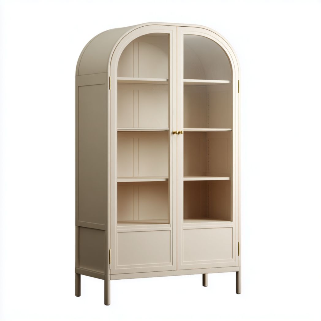 Vitrine en bois blanc cassé à sommet arqué avec deux portes vitrées