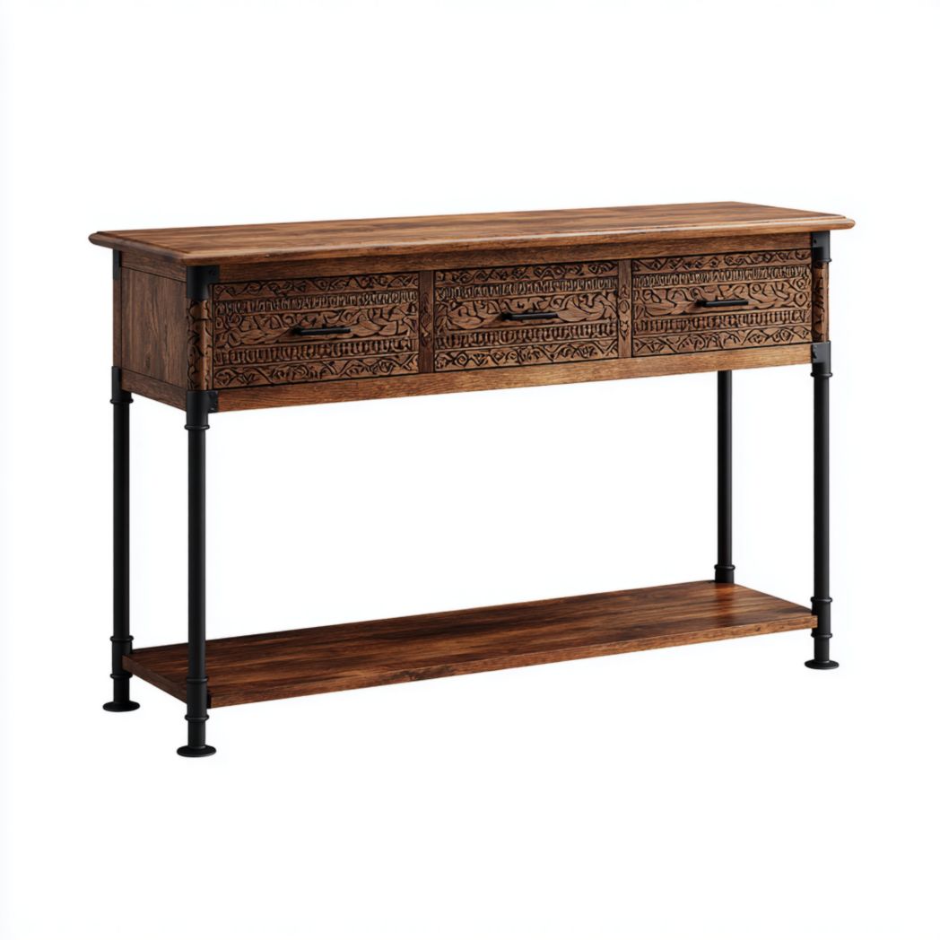 Console en chêne foncé à trois tiroirs sculptés et structure métallique