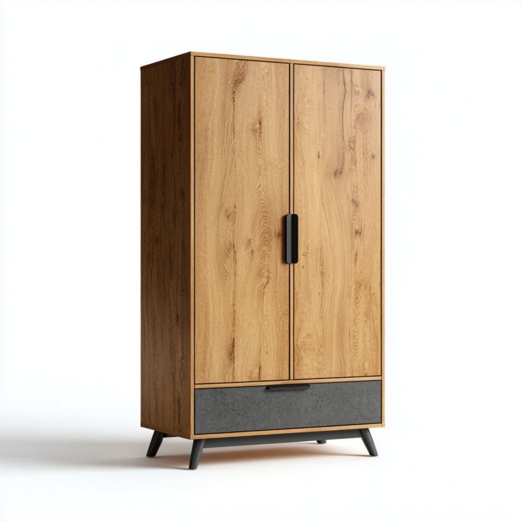 Armoire deux portes｜panneaux effet bois brun et tiroir gris
