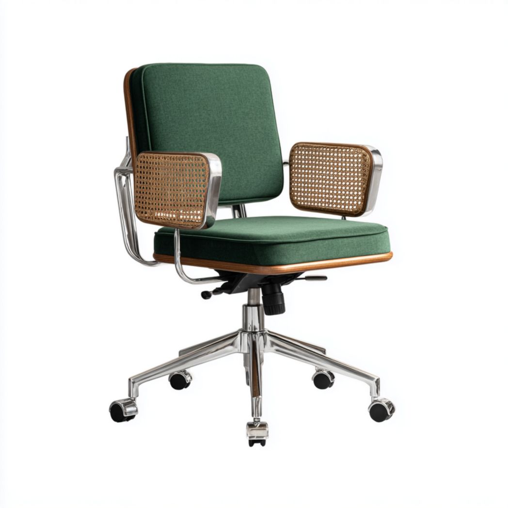 Chaise de bureau pivotante | coussins en tissu vert · dossier et accoudoirs en rotin · base métallique à roulettes