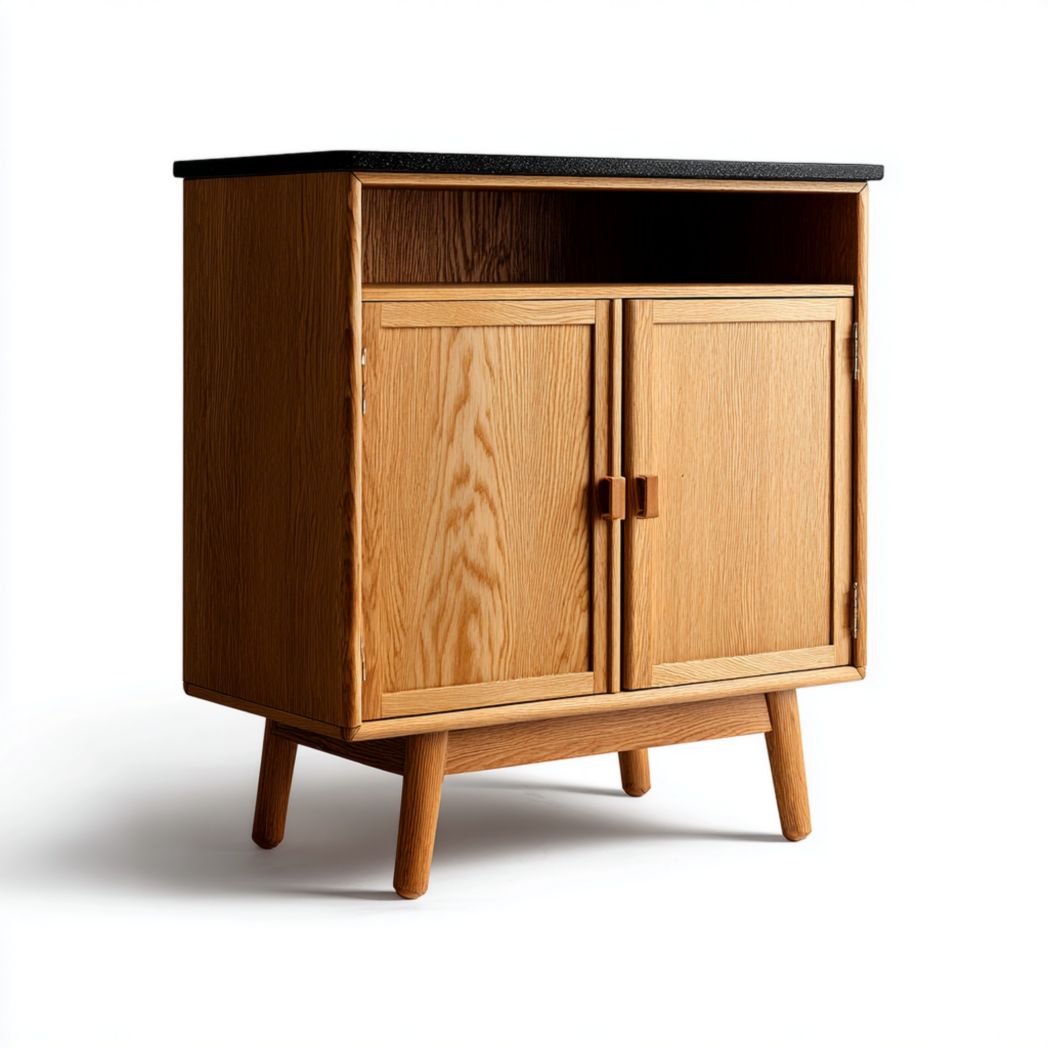 Meuble à chaussures en bois clair avec plateau noir et niche ouverte