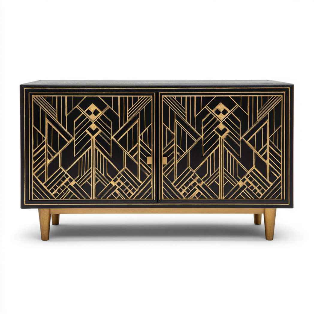Buffet 2 portes — structure en bois noir avec motifs géométriques dorés et pieds en bois