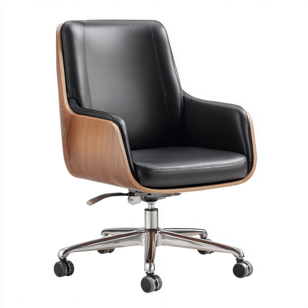 Chaise de bureau en cuir noir avec finition noyer pivotante