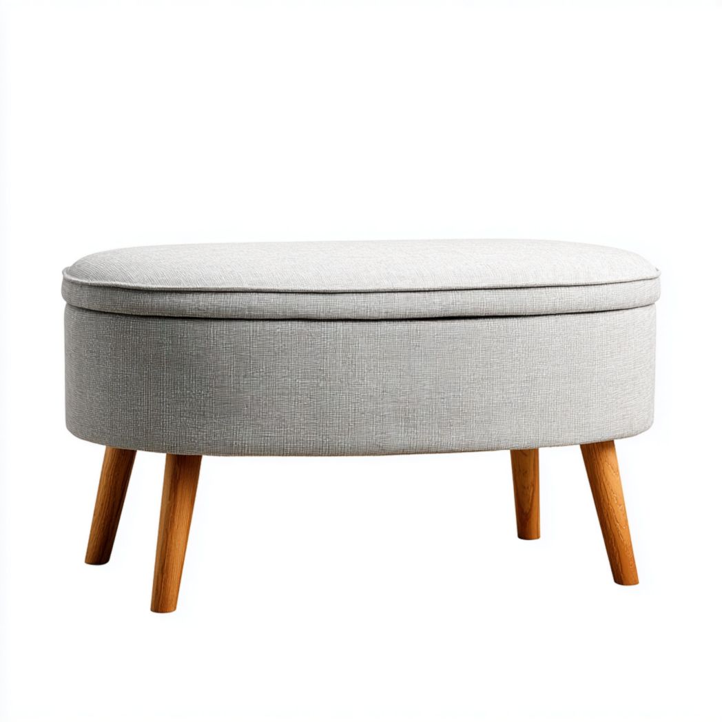 Banc ovale en tissu gris avec pieds coniques en bois