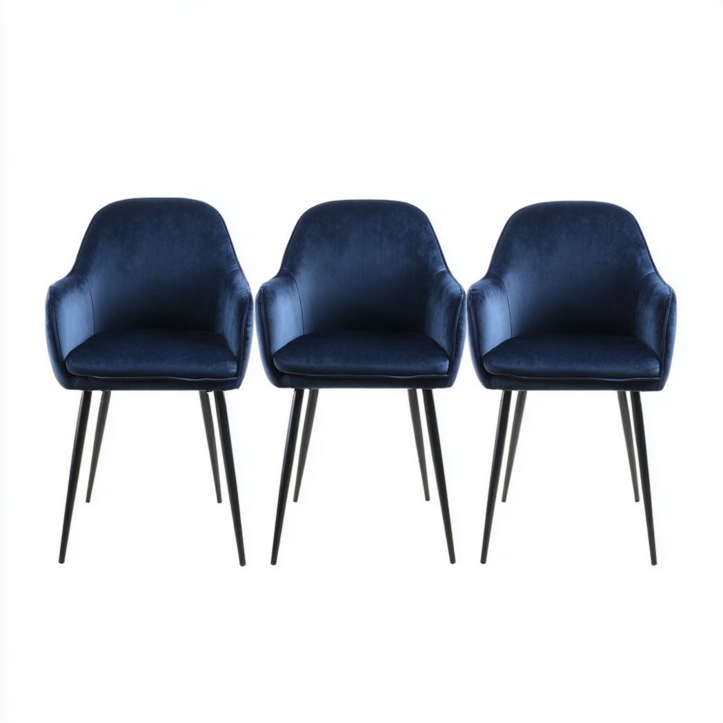 Lot de 3 chaises de salle à manger en velours bleu avec pieds en métal noir