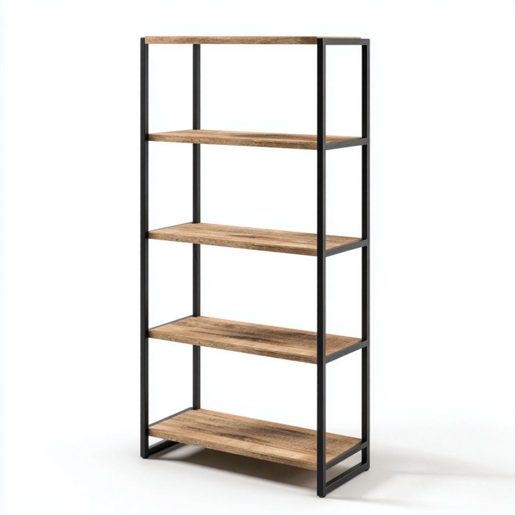 Étagère bibliothèque métal noir et bois à cinq niveaux