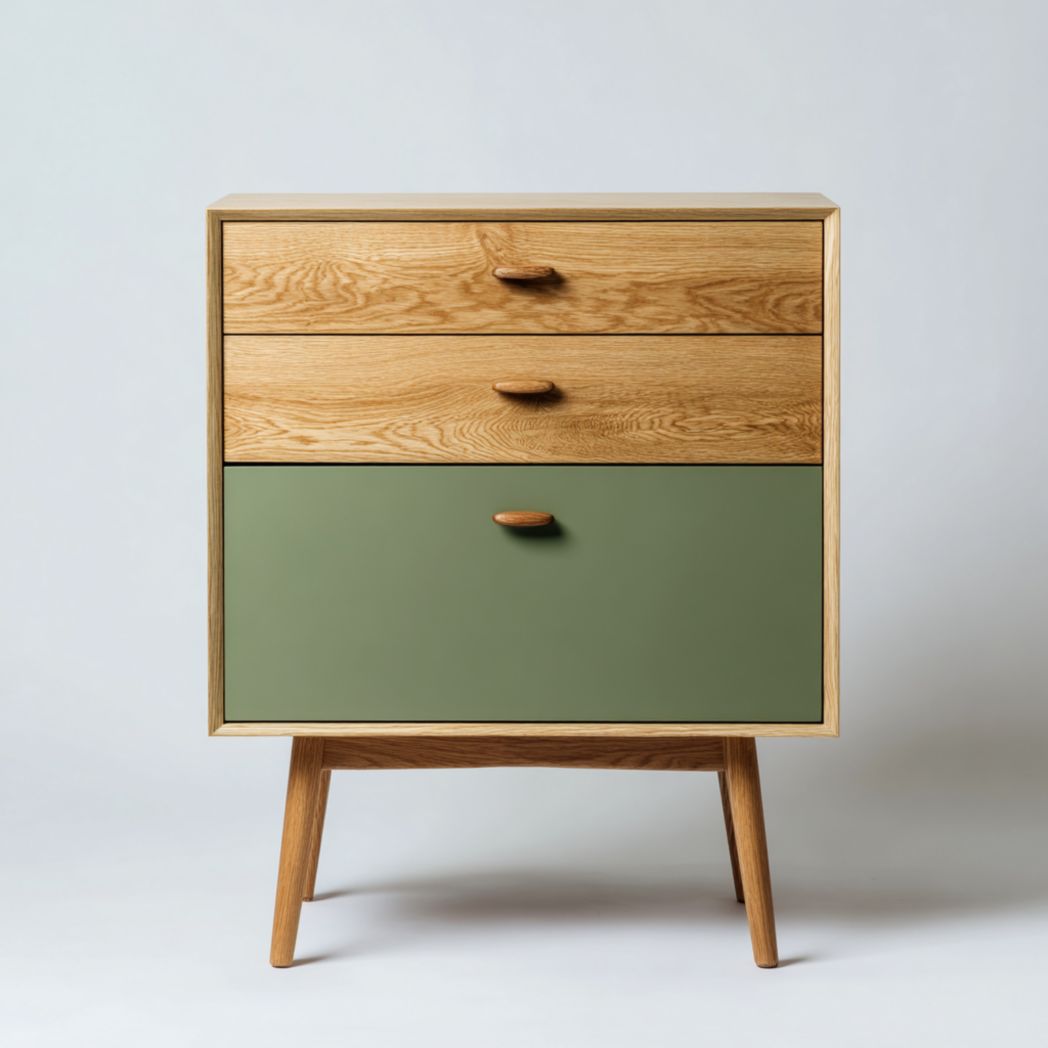 Commode 3 tiroirs | deux façades bois et un tiroir vert | cadre en bois | pieds inclinés en bois