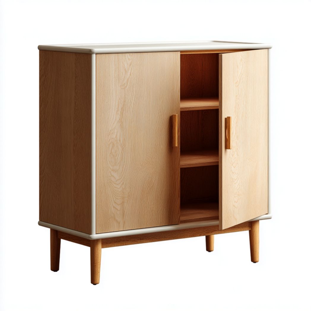 Meuble à chaussures en bois clair avec cadre blanc et portes doubles