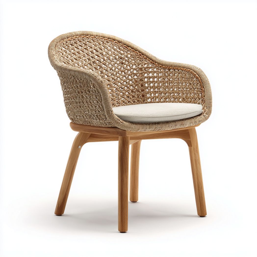 Chaise de jardin simple en rotin avec base en bois naturel et coussin de couleur claire