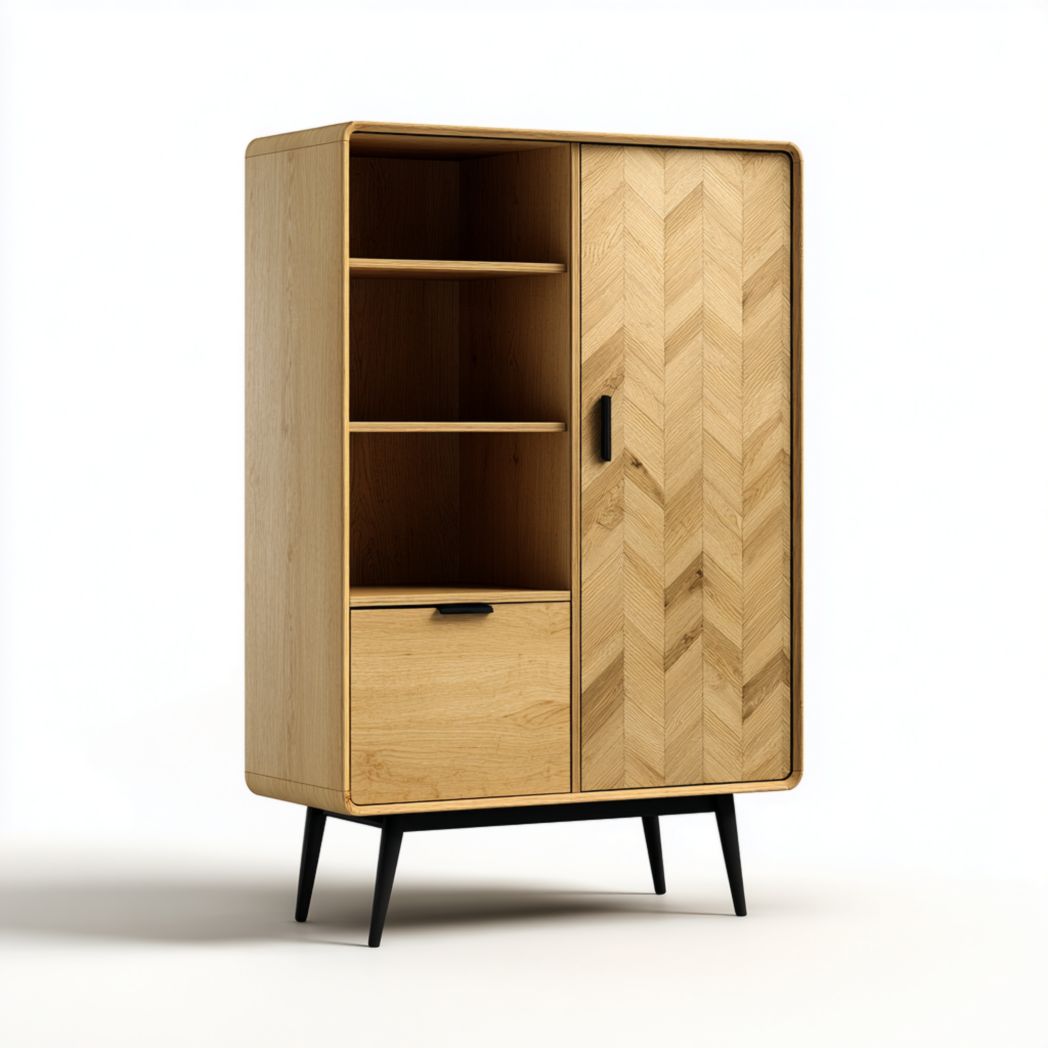 Bibliothèque en bois naturel avec étagères ouvertes, tiroir et porte à motif chevrons