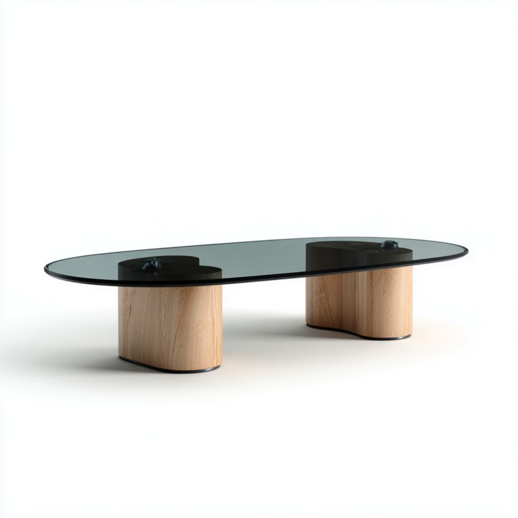 Table basse ovale en verre noir avec base en bois