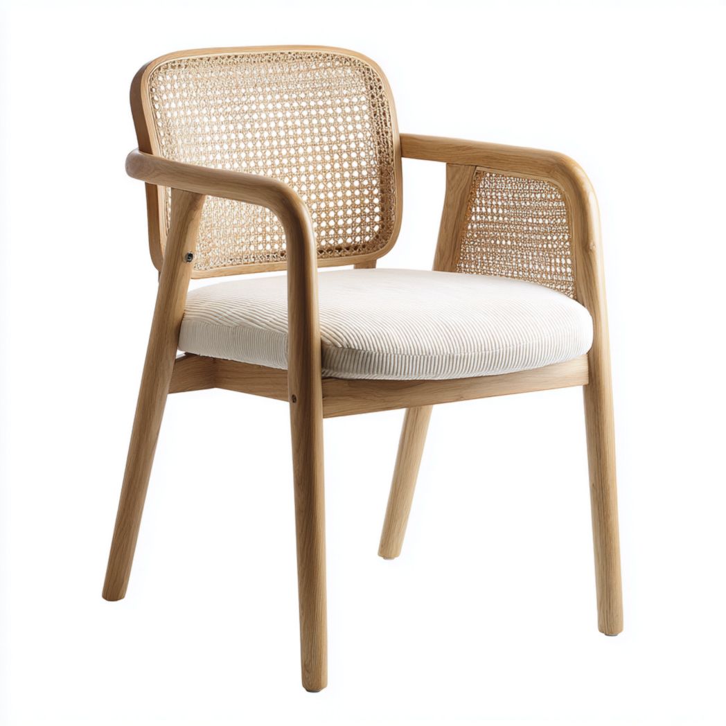 Fauteuil en bois naturel avec dossier en rotin et assise en tissu beige
