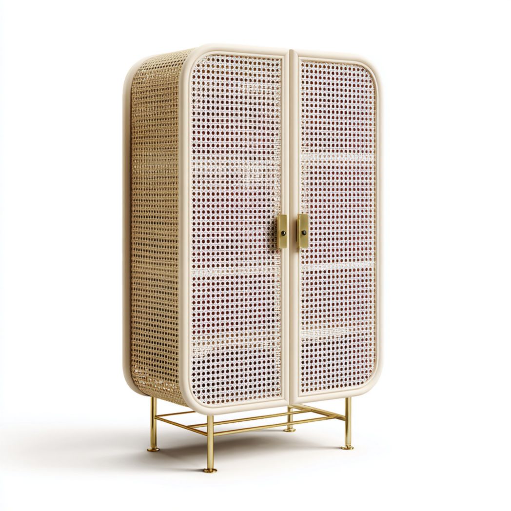 Armoire deux portes | portes en rotin · cadre clair · base en métal