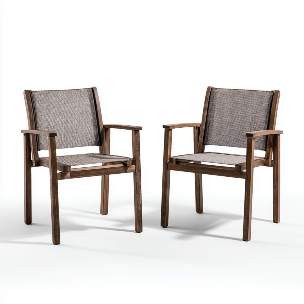 Lot de 2 chaises de jardin en bois brun avec assise en tissu gris