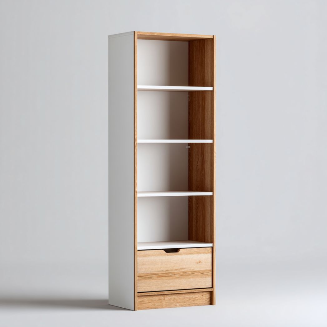 Bibliothèque en bois blanc et chêne avec étagères et tiroirs