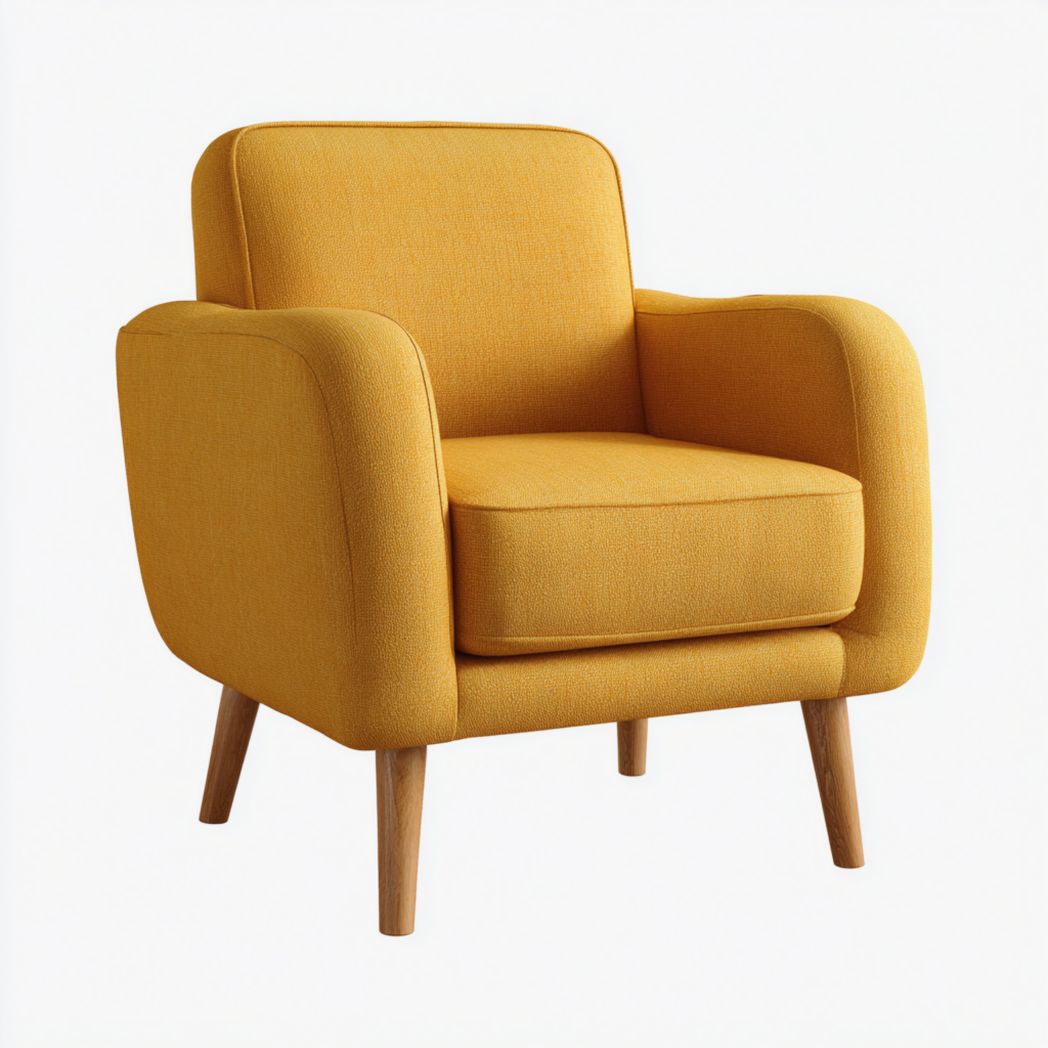Fauteuil en tissu jaune avec coussins épais et pieds coniques en bois