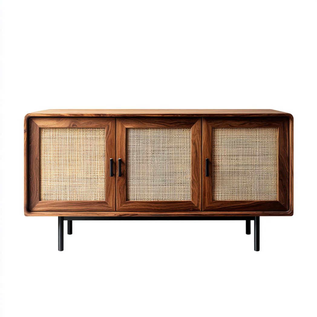 Buffet 3 portes — structure en bois foncé avec façades en cannage et piètement métallique noir