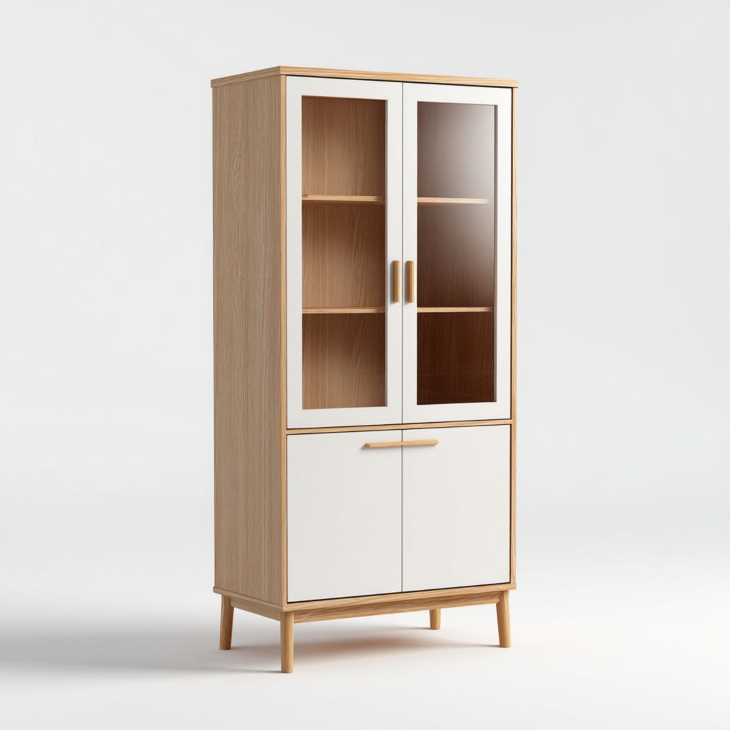Vitrine bicolore blanc et bois naturel à deux niveaux et quatre portes