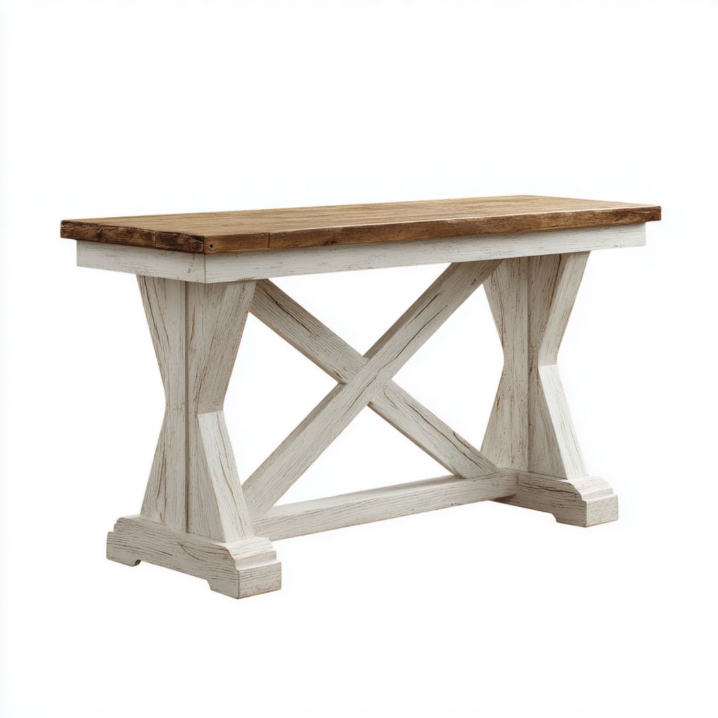Console rectangulaire en bois avec plateau brun et base blanche croisée