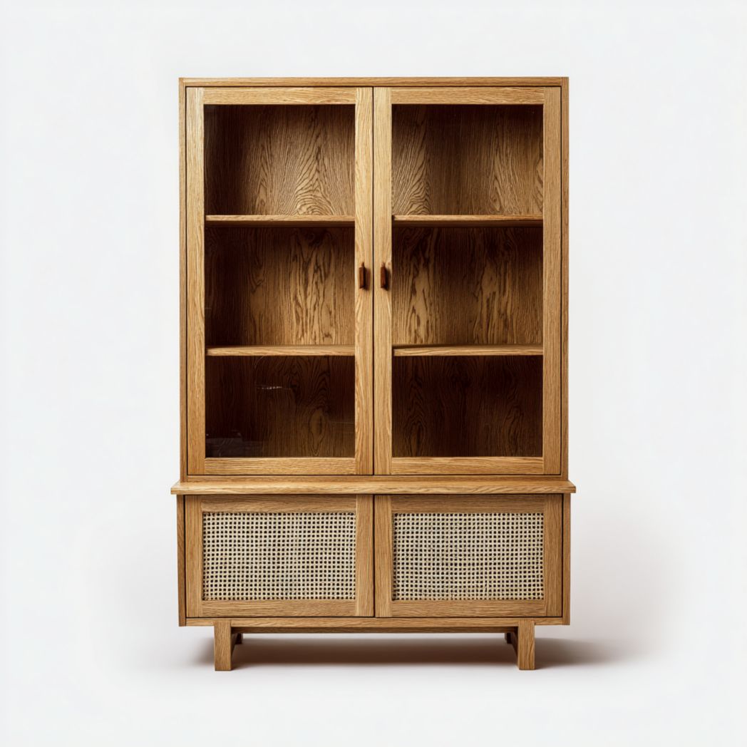 Bibliothèque en bois avec portes vitrées et armoire à deux portes en rotin