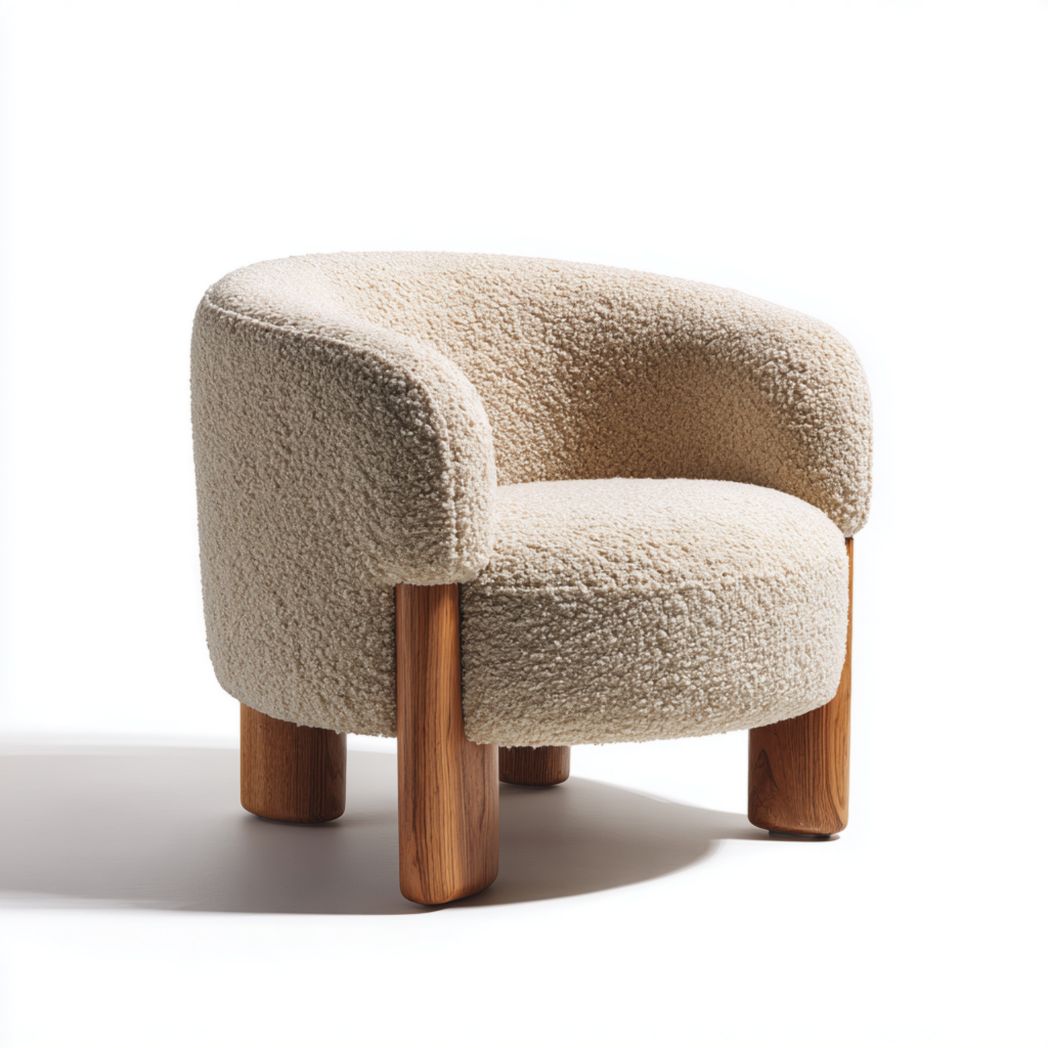 Fauteuil rond en tissu bouclette écru avec pieds cylindriques en bois