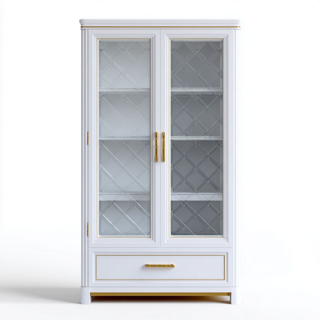 Vitrine blanche à bordures dorées avec deux portes vitrées