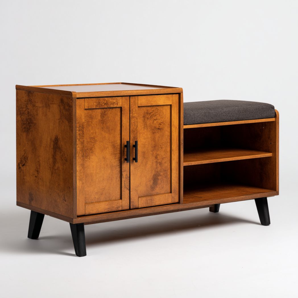 Meuble à chaussures en bois noyer avec assise rembourrée et portes doubles