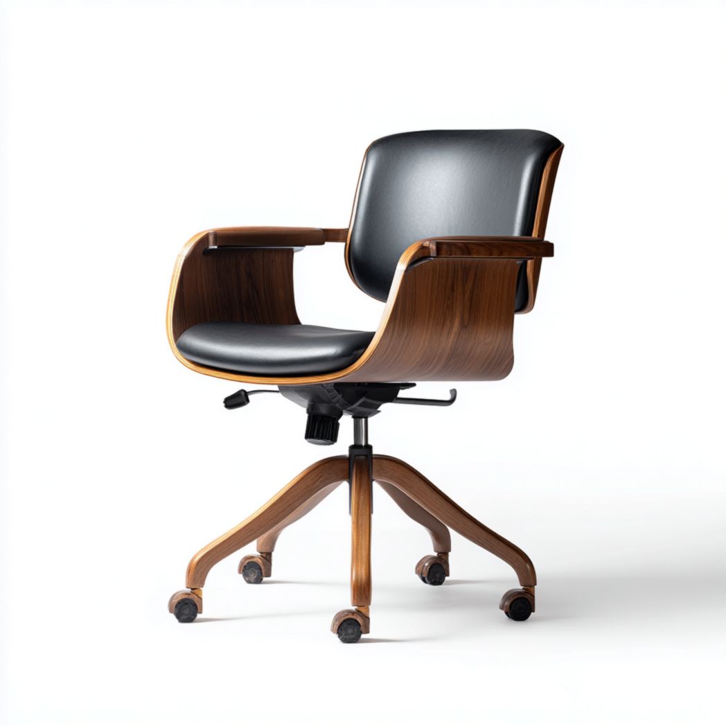 Chaise de bureau pivotante | Coque en bois, finition cuir noir, piètement à roulettes à cinq griffes