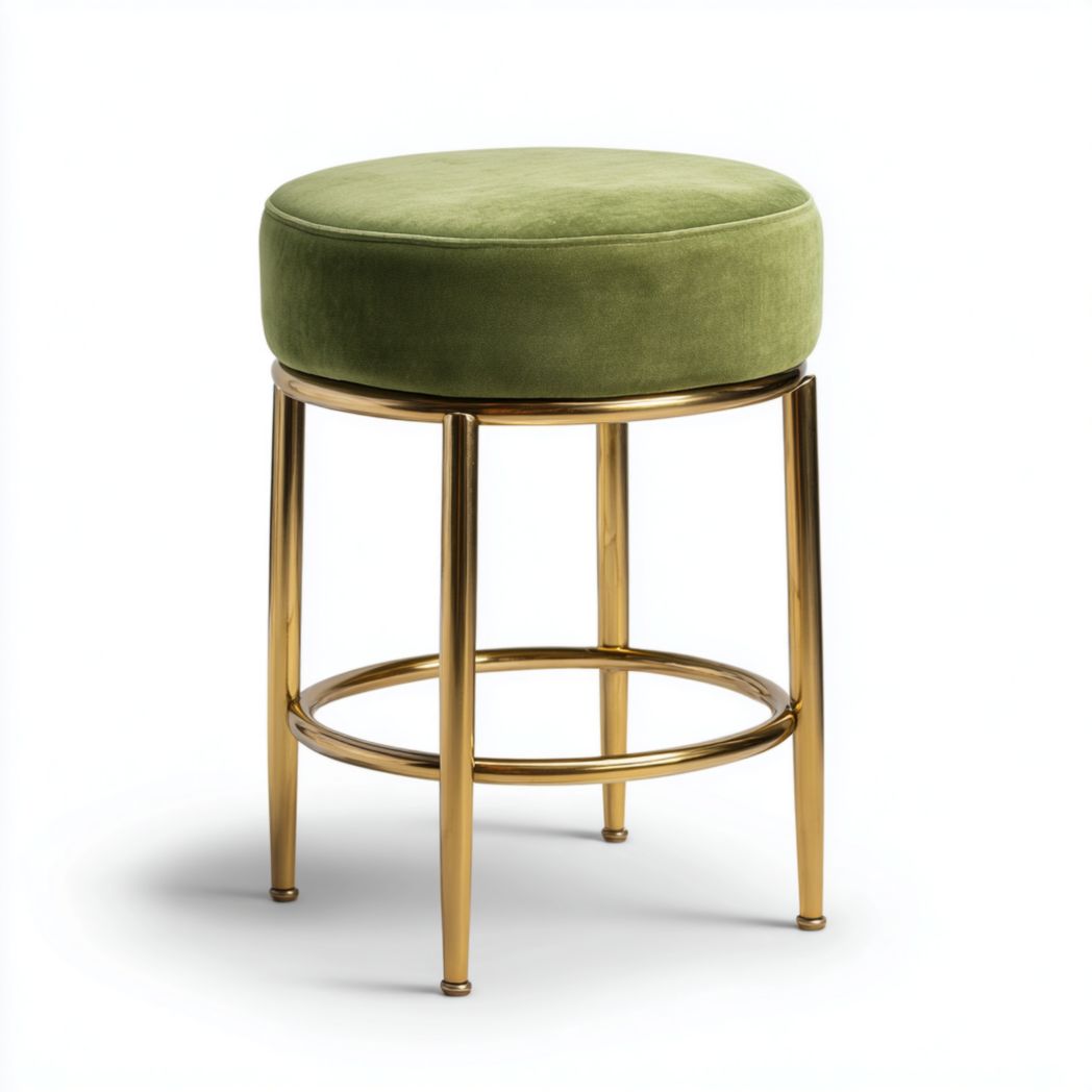 Tabouret haut rond en tissu vert avec pieds en métal doré
