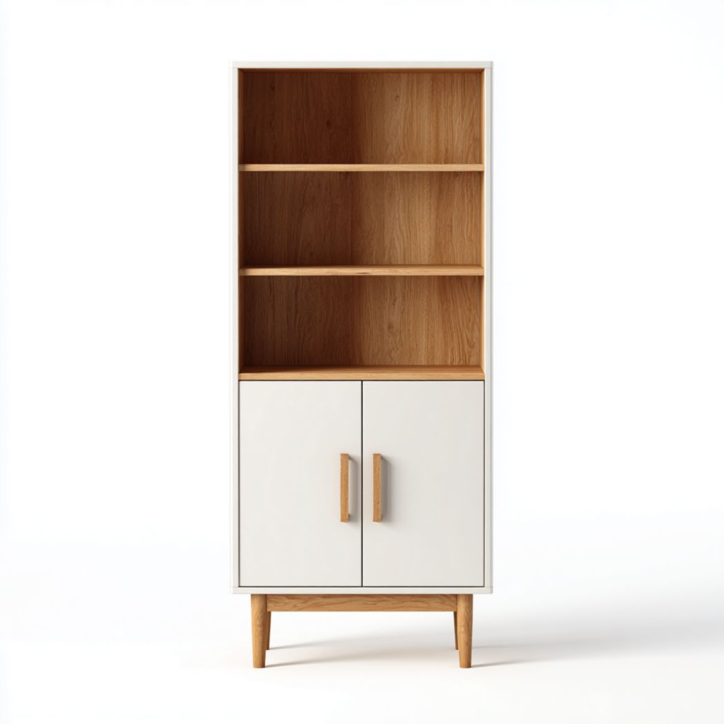 Vitrine bicolore blanc et bois à trois étagères et deux portes