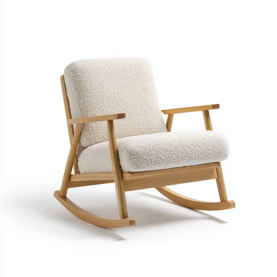 Fauteuil à bascule en tissu effet laine écru avec cadre en bois clair