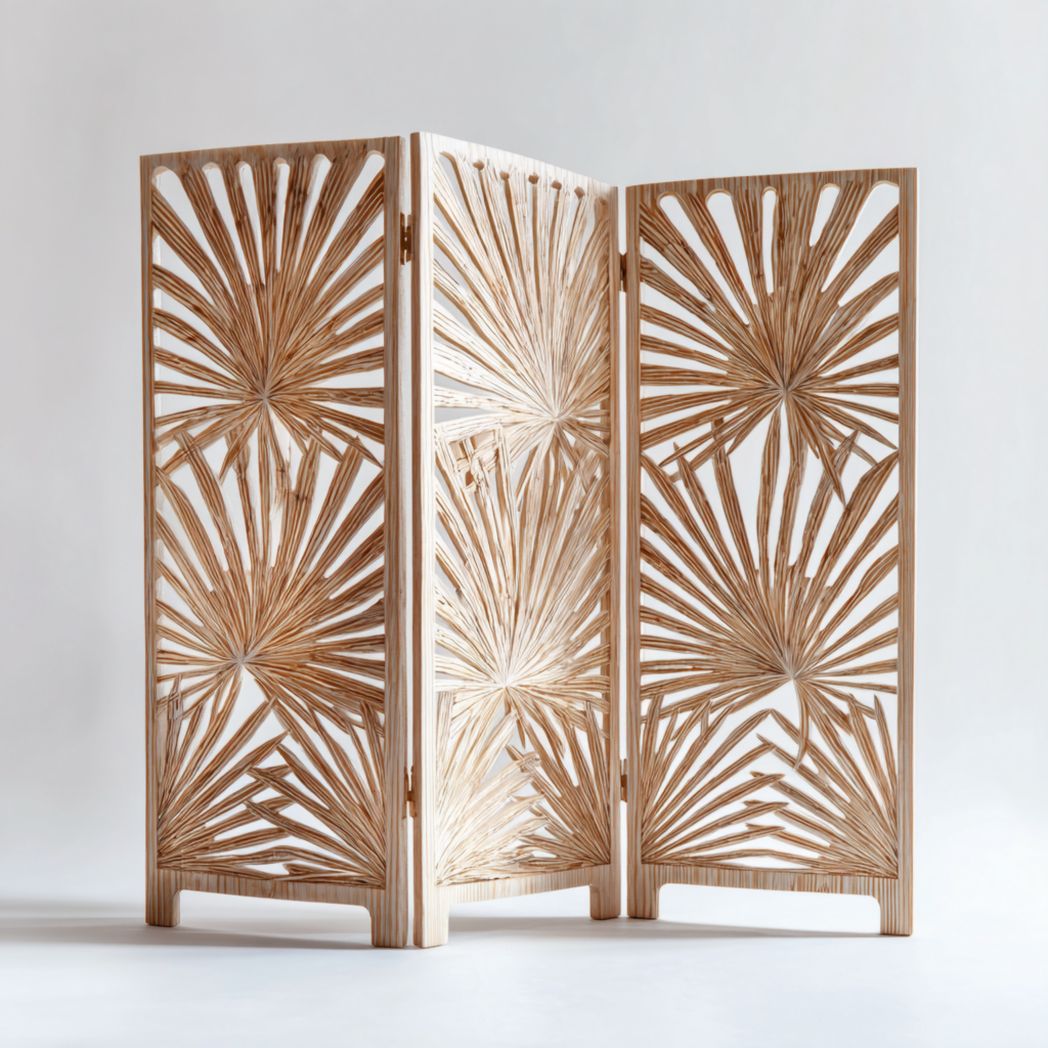 Paravent pliant à trois panneaux cadre en bois naturel et motifs ajourés en forme de feuilles