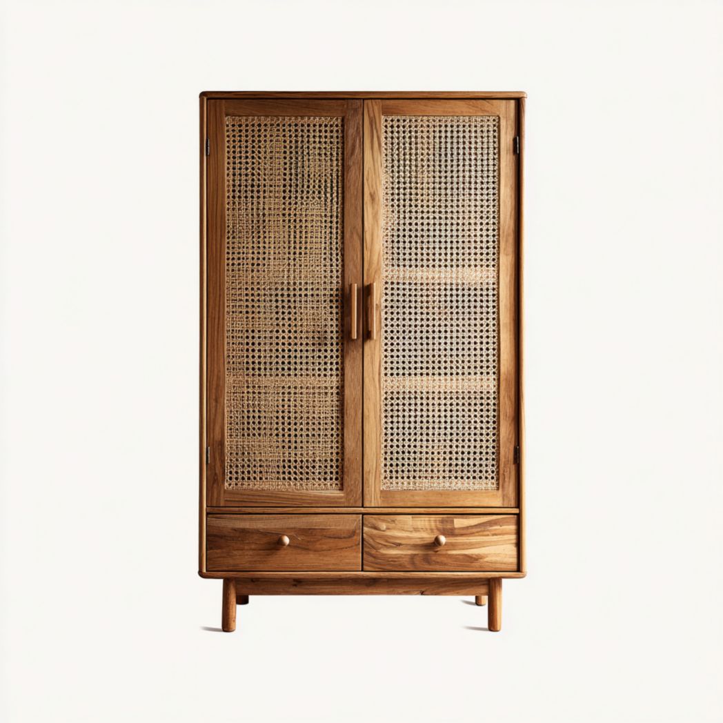 Armoire en bois naturel à portes en rotin et deux tiroirs