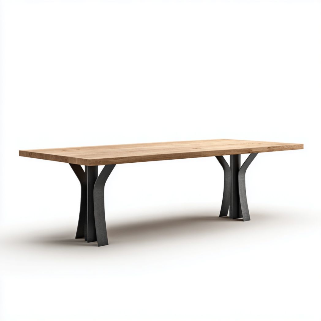 Table de jardin rectangulaire en bois massif et pieds en métal noir