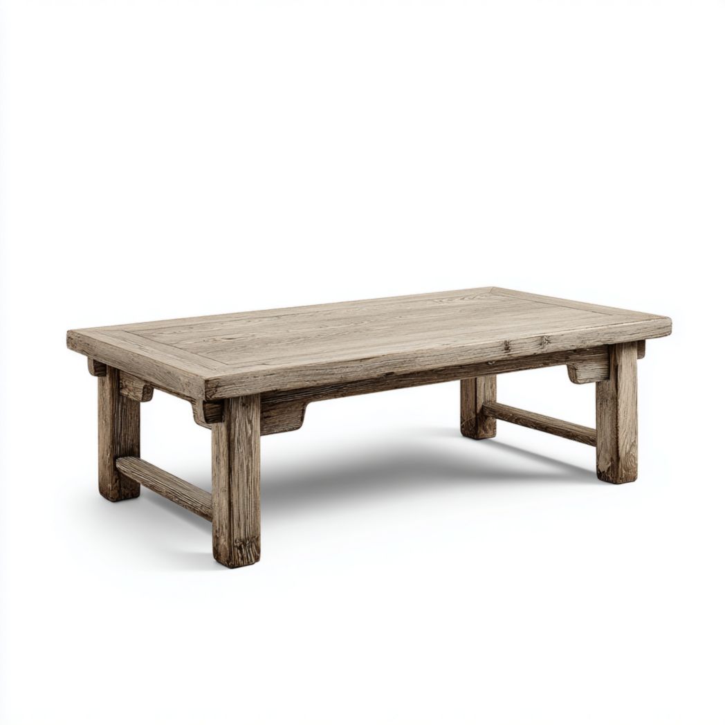 Table basse rectangulaire en bois naturel avec étagère en rotin