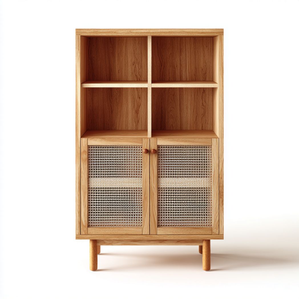 Bibliothèque en bois naturel avec portes en rotin